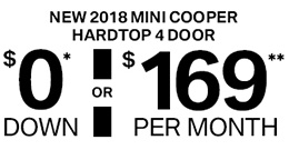New 2018 MINI Cooper Hardtop 4DR $0 Down or $169 per month