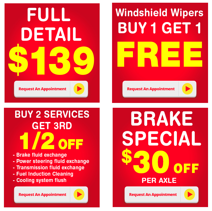 full detail, buy 1 get 1 windshield wipers, buy 2 services get 3rd free, brake special