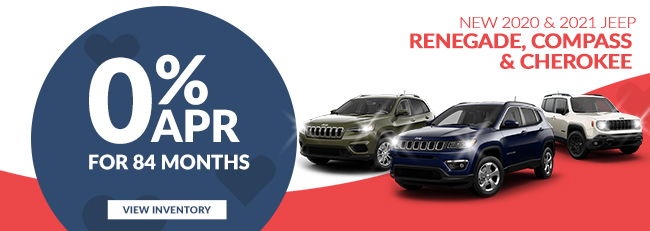 0% APR for 84 months on New 2020 & 2021 Jeep Renegade, Jeep Compass, & Jeep Cherokee

