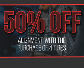 50 percent off alignment with purchase of 4 tires