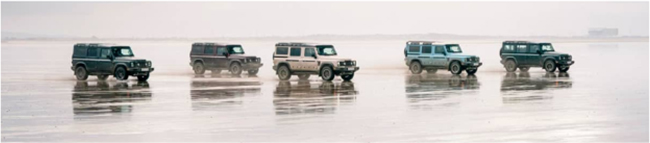 Five INEOS GRENADIER models on wet beach