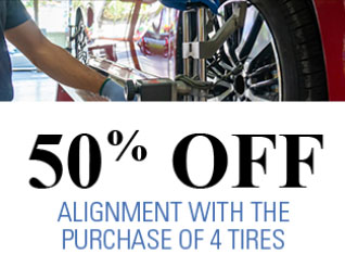 50 percent off alignment with purchase of 4 tires