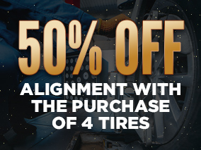 50 percent off alignment with purchase of 4 tires