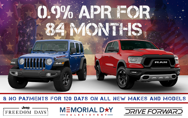 0.9% APR for 84 Months & No Payments for 120 Days on all New Makes and Models