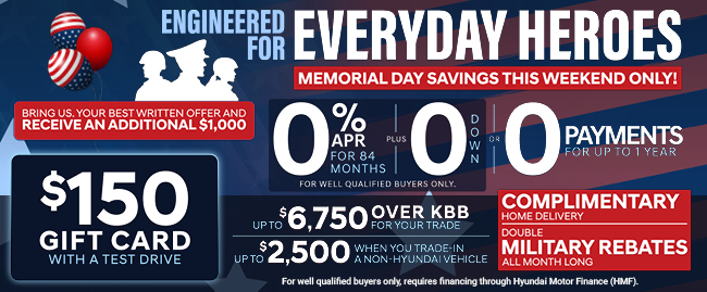 Brandon Hyundai - Memorial Day savings all month long - 0 APR 0 Down no payments for 84 months