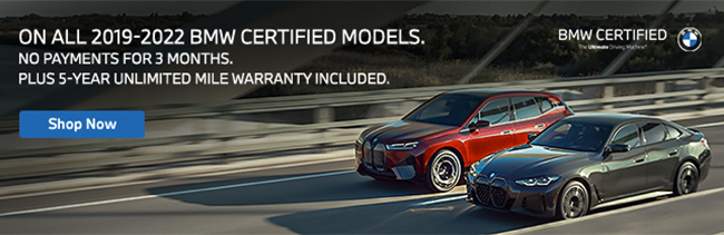 special offers on all 2019-2022 BMW certified models - no payments for 3 months