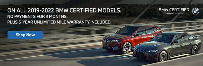 special offers on all 2019-2022 BMW certified models - no payments for 3 months