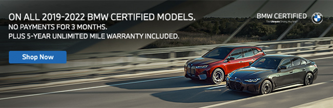 special offers on all 2019-2022 BMW certified models - no payments for 3 months
