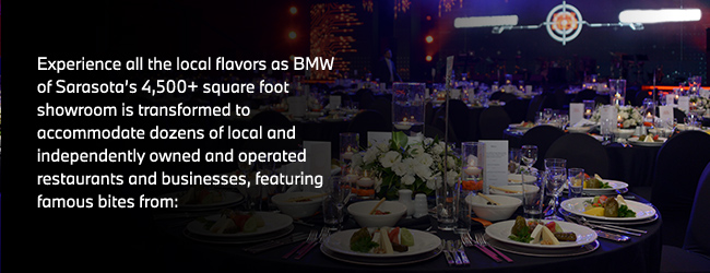 BMW of Sarasota showroom featuring local restaurants and independently owned businesses offering famous local bites