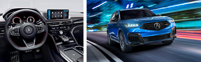 interior and exterior split image of a Acura MDX