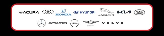12 car line logos Acura, Audi, Honda, Hyundai, Jaguar, Kia, Land Rover, Mercedes-Benz, Sprinter, Nissan, Genesis, Volvo