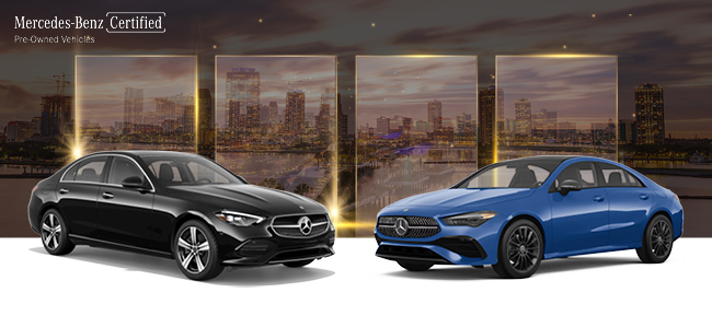 two Mercedes-Benz vehicles with cityscape