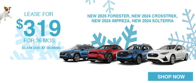 New 2025 Subaru Forester New 2024 Subaru Crosstrek New 2024 Subaru Impreza New 2024 Subaru Solterra lease offer