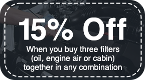 15 precent off when you buy 3 filiters - oil engine air or cabin