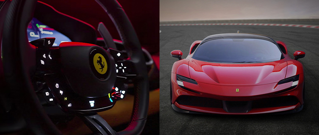 View of a parked red Ferrari and a view of the stearing wheel