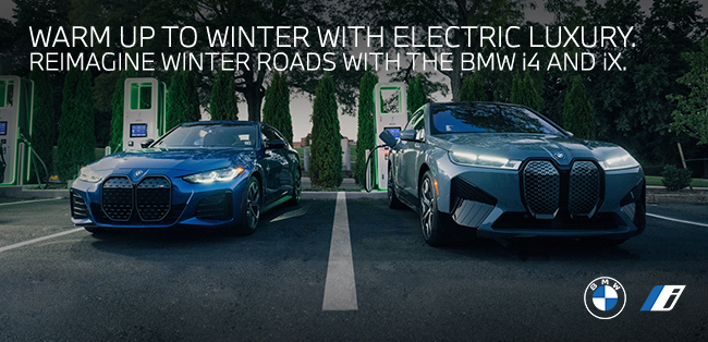 warm up to winter with electric luxury. reimagine winter roads with BMW i4 and iX