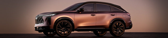 a driver side view of a parked bronze INFINITI QX65 at sunset