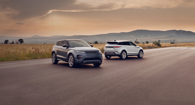 Two Land Rovers parked on a road in a field