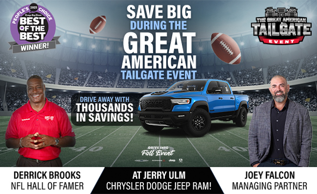 Save big during the great American tailgate event at Jerry Ulm Chrysler Dodge Jeep RAM