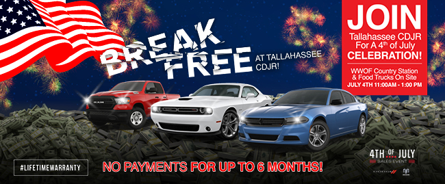 Break free at Tallahassee CDJR - No paymentsfor up to 6 months