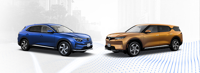 Blue and gold car lineup facing each other