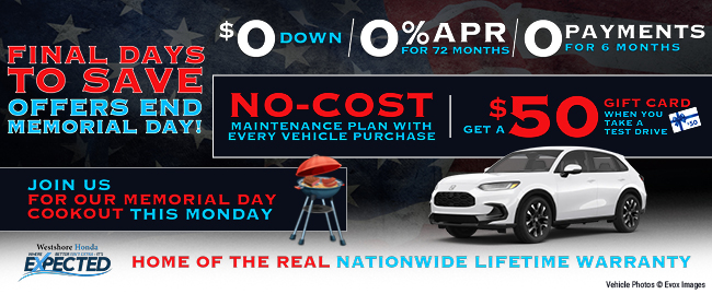 No cost maintenance plan with every vehicle purchase for Memorial Day all month long