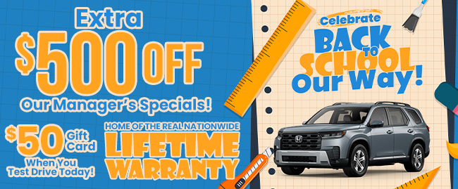 Extra $5000 Off our Manager's Specials $50 when you test drive at Westshore Honda's Pre-Owned Summer Savings Spree Home of the Lifetime Warranty