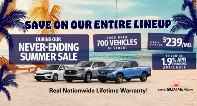 Save on our entire ;ineup during our never ending Summer Sale at Westshore Honda