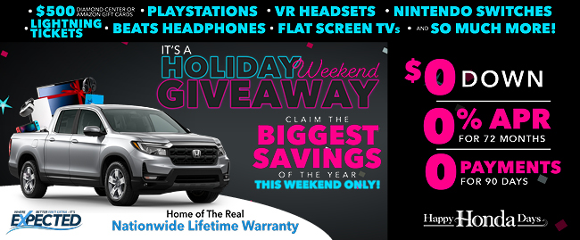 Holiday giveaway - Home of the real Nationwide lifetime warranty at Westshore Honda