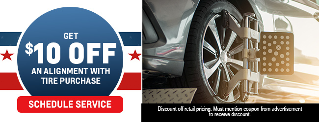 get ten USD off an alignment with tire purchase
